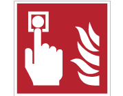 Röd nödskylt med symbol för brandlarmsknapp