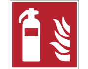 Röd nödskylt med symbol för brandsläckare