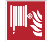 Röd nödskylt med symbol för brandslang