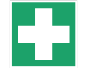 Grön nödskylt med ett kors som är en symbol för första hjälpen.