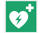 Grön nödskylt med symbol för hjärtstartare.