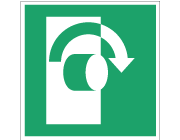 Grön nödskylt med symbol för att dörr ska öppnas medurs.