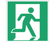 Grön nödskylt med symbol för nödutgång åt höger