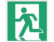 Grön nödskylt med symbol för nödutgång åt vänster.