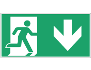 Grön nödskylt med symbol för nödutgång åt höger och en pil nedåt