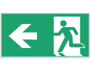 Grön nödskylt med symbol för nödutgång åt vänster och en pil åt vänster