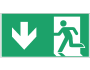 Grön nödskylt med symbol för nödutgång åt vänster och en pil nedåt