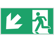 Grön nödskylt med symbol för nödutgång åt vänster och en pil snett nedåt åt vänster