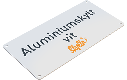 Vita aluminiumskyltar med eget tryck.